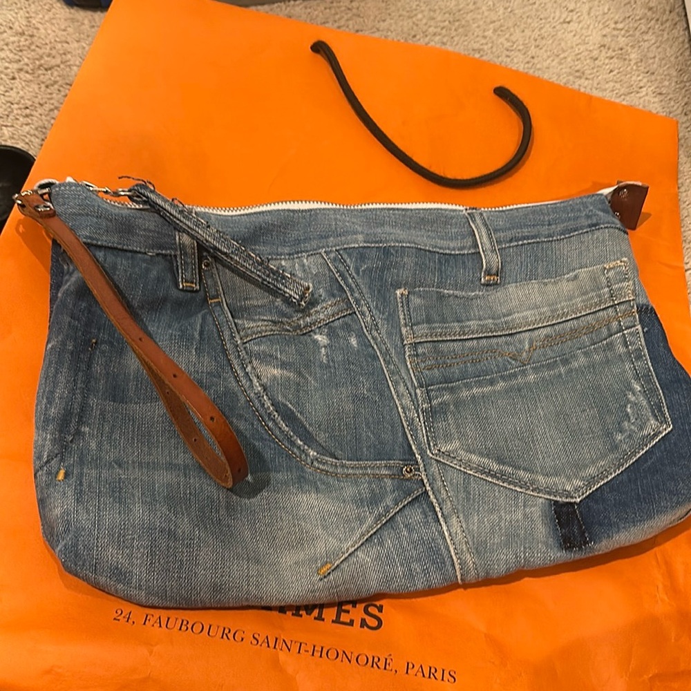 Large distressed denim wristlet/ pouch